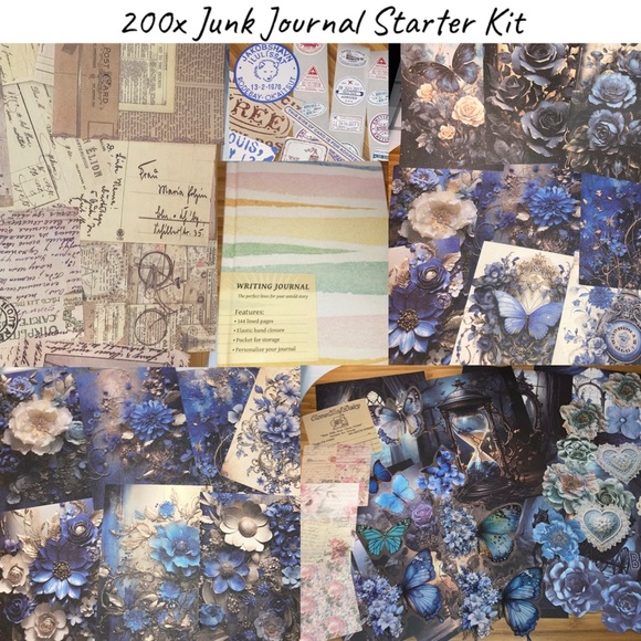 200x Junk Journal Kit Ephemera Stickers Diary Vintage Sapphire Floral Scrapbook - Picture 1 of 16